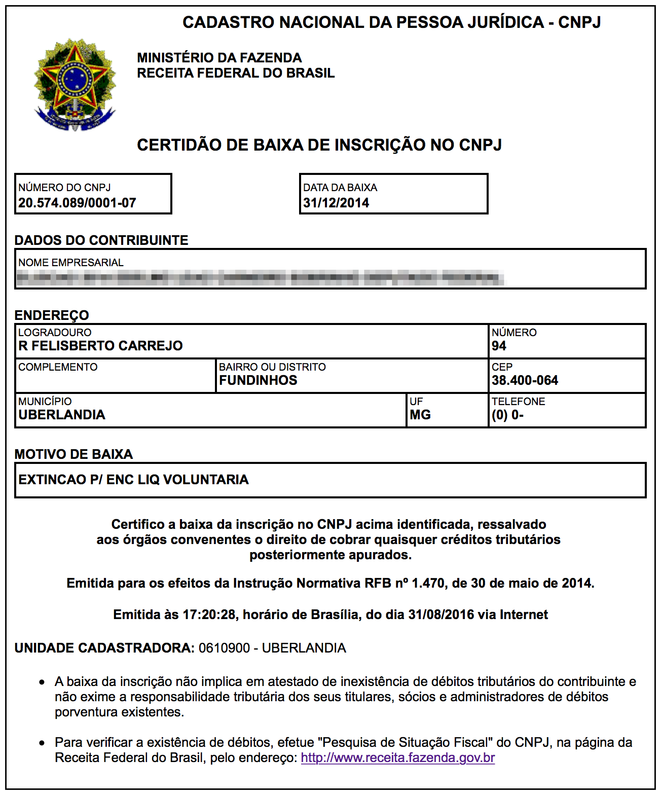 Certidão de Baixa